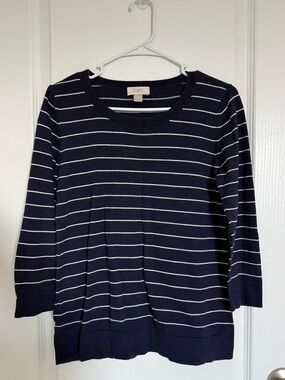 LOFT Navy and White Striped Crewneck Sweater